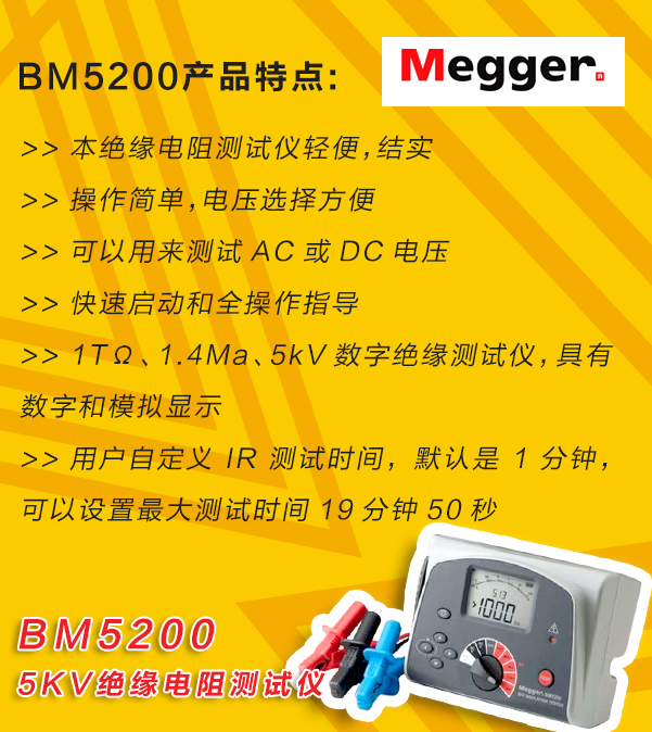 MEGGER,<a href='http://www.tianyi777.com/tongyi.html'>絕緣電阻</a>測試儀,BM5200